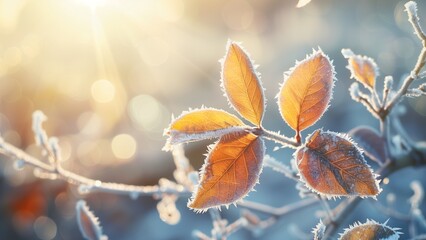 Beautiful winter background with close up frosted leaves and morning sunlight with bokeh background