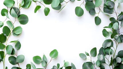 Eucalyptus green leaves frame. Herbal foliage border decoration on a white background. Top view in...