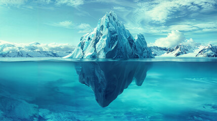 Para una imagen para vender en un portal de stock titulada ""Iceberg, with part of ice submerged beneath the water's surface on a bright day. Wallpaper featuring snowy mountains in the background and 