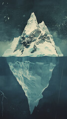Elegant vintage digital illustration of an iceberg, with the submerged part under the water visible, and a night sky in the background. Creative minimalist image with texture for a wallpaper or banner