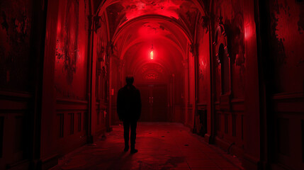 abandoned old corridor inside a church with demonic red light, and the silhouette of a man walking away to make a pact with the devil cinematographic horror scene