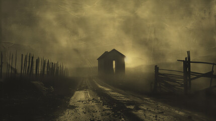 old sepia-toned photography of an ancient ranch with a hut, a path, and fences, at sunset. Dark silhouettes and a sense of past and lost time