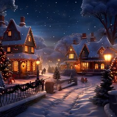Winter village at night. Christmas and New Year. 3d illustration