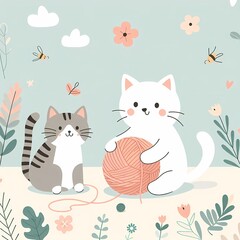 Obraz premium Playful Feline Fun: Cartoon Cat Enjoying International Cat Day with Yarn Ball