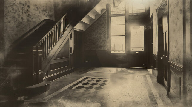 old vintage photography in sepia tone with the interior of an enchanted manor house with windows, worn-out floor and staircases. Sinister and mysterious empty mansion