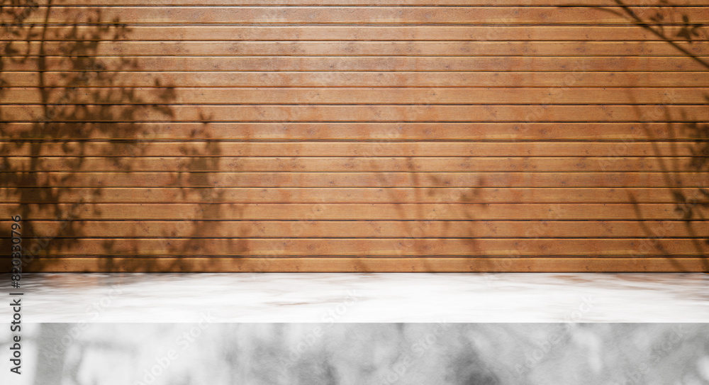 Poster white marble table with tree shadows and wooden planks wall backdrop and sunlight. summer table back