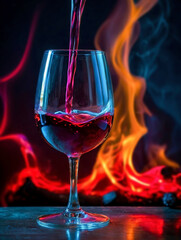 Art pouring red wine by the fireplace 