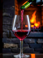 Art pouring red wine by the fireplace 