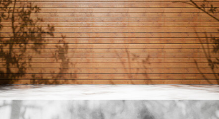 White Marble Table With tree Shadows and Wooden Planks wall backdrop and sunlight. Summer table...