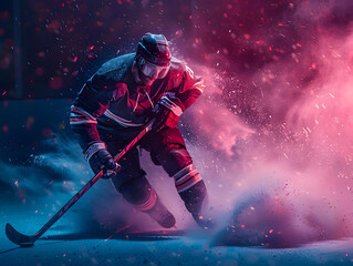 Obraz premium The hockey player breaks through the pink powder. AI generated. 