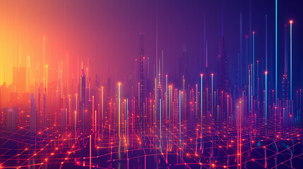 Abstract scene of a multicolored futuristic city with data lines and colored dots at nodes under a network with buildings. Communication, artificial intelligence, and connection.