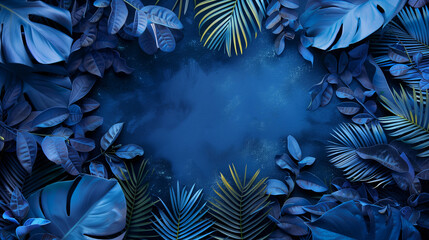Collection of tropical leaves with foliage plants in blue color at night with blank empty space background in the surface of the center. Exotic wallpaper 