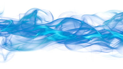 Ethereal blue smoke waves intertwining and swirling on a transparent white background. Magical ambiental effect with transparency.