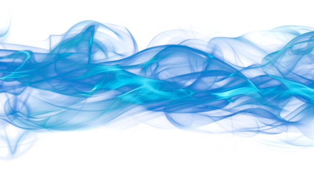 Ethereal blue smoke waves intertwining and swirling on a transparent white background. Magical ambiental effect with transparency.