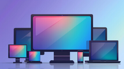 Colorful screens of different electronic devices with various aspect ratios and resolutions: computer, mobile, tablet, television. Digital illustration