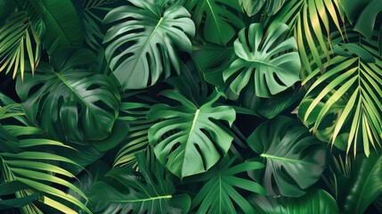 Abstract foliage and botanical background. Green tropical forest wallpaper of monstera leaves, palm leaf, branches in hand drawn pattern. Exotic plants background for banner, prints, decor, wall art.