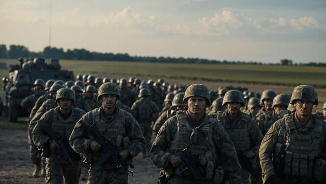 Army with uniformed soldiers wearing military helmets and carrying weapons marching in a column towards war during the day with a plain background and a tank. Troop enlistment and militarization scene