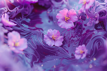 Surreal digital art of flowers on purple liquid