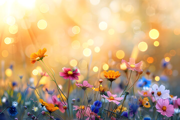 Colorful wildflowers bloom in a luminous meadow as the sunset casts a golden glow
