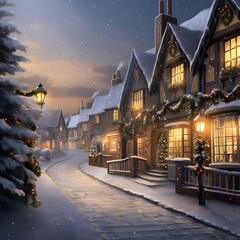 Winter street with christmas trees and houses at night, 3d illustration