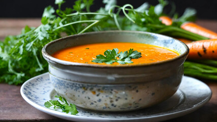 Carrot and coriander soup closeup 16:9 with copyspace