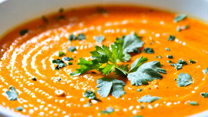 Carrot and coriander soup closeup 16:9 with copyspace