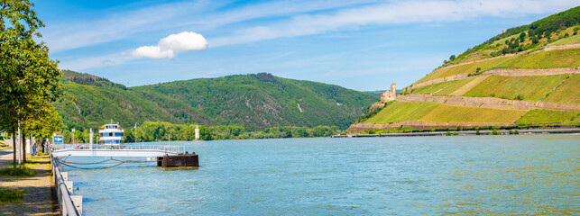 Panorama of Rhine river between Bingen and Niederwald in Rudesheim with picturesque hills, Germany