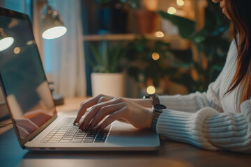 Close up of business woman hands typing on laptop computer searching and surfing the internet on office desk online working telecommuting freelancer at work concept