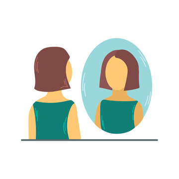 woman looking mirror, teal dress, brown hair