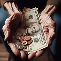 An elderly man holds out money, pennies. Senior man