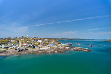 Aerial Drone image of the small town of Lubec Maine situated on the Lubec Narrows