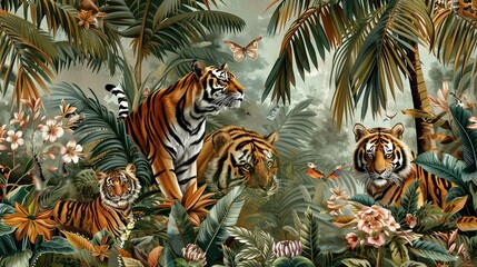 Naklejka premium Tropical Jungle Mural Art: Palm Trees, Wild Animals, and Exotic Floral Background