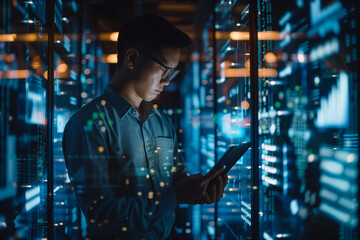 Data science and analysis. Software developer using digital tablet connecting with database and data center. Business process automation software and management software (SAP). data engineering