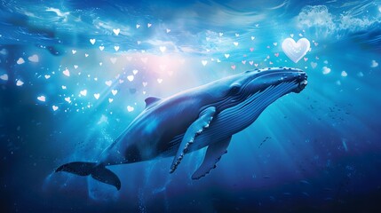 Valentines background of Blue whale swimming in ocean with lovely heart shape flying in the air 