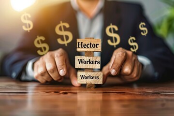 A businessman holds wooden blocks with the words "Workers' Compensation," Workers Financial Compensation Insurance Business Industry Concept. Industry concept