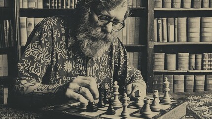A grandmaster studying a complex chess position on a wooden board