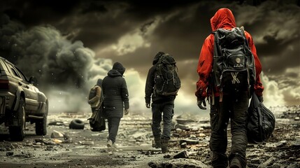 A group of survivors scavenging for supplies in a desolate, dystopian wasteland