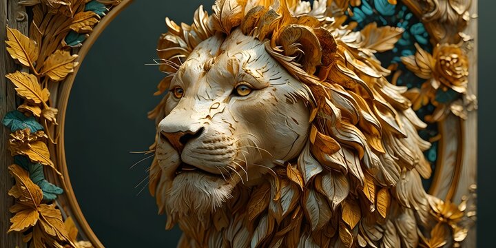 wallpaper representing a lion in 3d, carved wood with golden edges and carved leaves