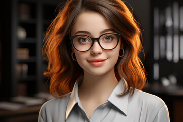 A woman with long red hair and stylish glasses is smiling directly at the camera, exuding a cool and confident vibe