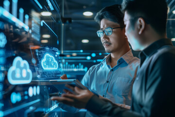 Digital technology technical support customer service concept cloud computing. Software engineer team using digital tablet computer internet network it support data science and exchange