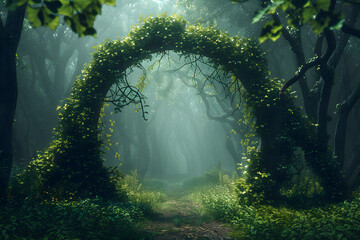 Enchanted forest archway in misty woods