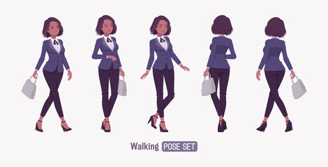 Elegant dark brunette business woman set, walking pose. Classic slim fit jacket suit blazer, black continental necktie, white formal blouse chic office look, professional image. Vector illustration