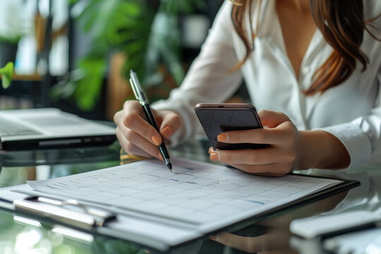 2024 Event planner timetable agenda plan on schedule event. Business woman checking planner taking note on calendar desk on office table. Calendar event plan work planning