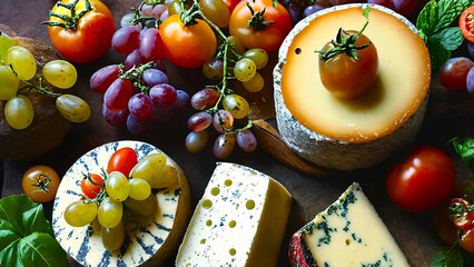 Farmhouse aged cheeses with wine, grapes and heirloom tomatoes 16:9 with copyspace