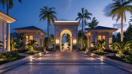 A symmetrical view of a luxurious home entrance flanked by illuminated tropical plants during twilight realistic hyperrealistic  - Powered by Adobe
