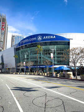 Los Angeles, USA - March 30, 2024: Facade and entrance of crypto.com arena against blue sky with clouds