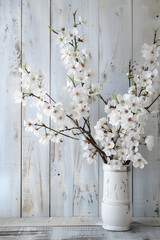 White cherry blossoms in vase on rustic wood