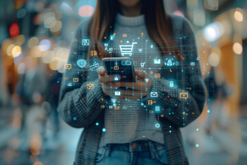 Internet of Things (IoT) technology Woman using mobile smartphone with E-commerce technology icon on virtual global internet network Global business Social media digital marketing concept.