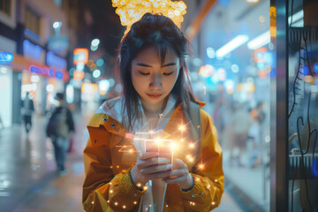 Internet of Things technology (IoT) E-commerce digital marketing concept. Woman using mobile smart phone with AR Augmented reality