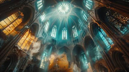 Obraz premium mystical gothic cathedral, weathered ruin of a medieval illuminated church at night